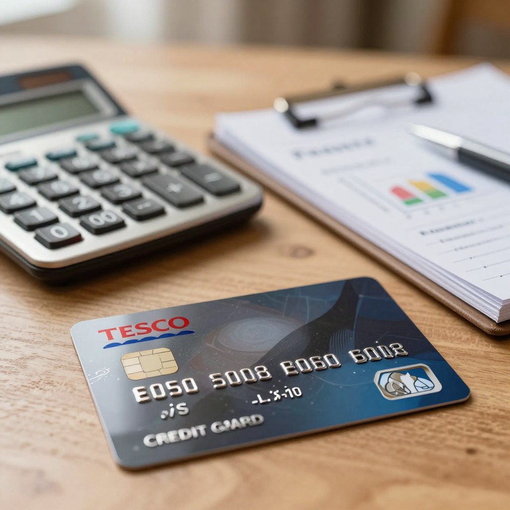 A detailed close-up of a Tesco credit card prominently displaying its design, lying on a soft-focus wooden table. In the foreground, features of the card such as its shiny surface, the Tesco logo, and symbols for interest rates and fees are visible, evoking a sense of financial importance. In the middle ground, a professional-looking calculator and a notepad with charts that indicate potential savings or costs associated with credit card interest rates, surrounded by a warm, inviting light. The background is softly blurred to keep focus on the foreground elements, hinting at a luxurious home environment. The overall mood is focused and informative, suggesting a thoughtful consideration of financial choices.