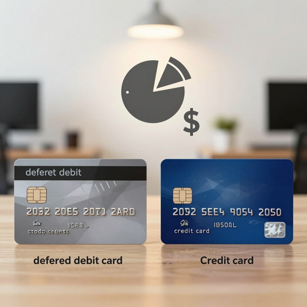 A detailed comparison image showcasing a "deferred debit card" and a "credit card". In the foreground, prominently display a stylish deferred debit card on the left, featuring modern design elements and a chip. On the right, a sleek credit card, contrasting in color and design, also with a chip. In the middle ground, include elegantly rendered financial icons, like a pie chart and dollar signs, symbolizing transactions and financial management. The background should be a soft-focus office setting, with warm lighting to create a professional yet inviting atmosphere. The image should feel balanced and informative, clearly illustrating the distinctions between the two card types in a visually appealing and engaging manner. A detailed comparison image showcasing a "deferred debit card" and a "credit card". In the foreground, prominently display a stylish deferred debit card on the left, featuring modern design elements and a chip. On the right, a sleek credit card, contrasting in color and design, also with a chip. In the middle ground, include elegantly rendered financial icons, like a pie chart and dollar signs, symbolizing transactions and financial management. The background should be a soft-focus office setting, with warm lighting to create a professional yet inviting atmosphere. The image should feel balanced and informative, clearly illustrating the distinctions between the two card types in a visually appealing and engaging manner.