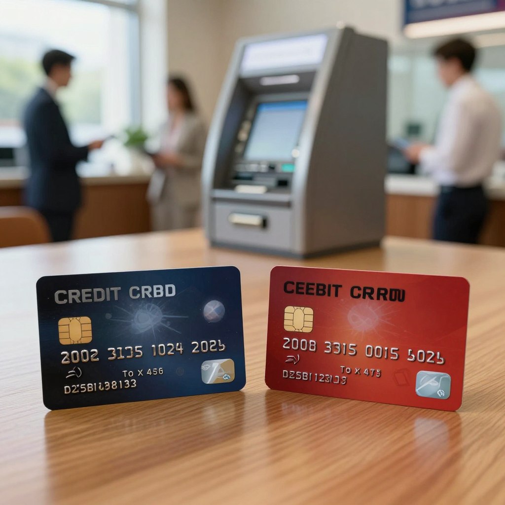 A detailed comparison of a credit card and a debit card, set on a sleek wooden table, with the credit card on the left and the debit card on the right. In the foreground, close-up images of each card reflect their distinct features, emphasizing the chip and card number design elements. In the middle ground, a metallic cash withdrawal ATM is visible, enhancing the theme of money withdrawal. The background features a subtly blurred bank interior, with hints of financial activity like people in professional business attire interacting with banking devices. Soft, natural lighting streams in from a nearby window, creating a warm, inviting atmosphere that encourages financial understanding. The focus is sharp on the cards, illustrating the contrast between them while maintaining an informative yet approachable mood. A detailed comparison of a credit card and a debit card, set on a sleek wooden table, with the credit card on the left and the debit card on the right. In the foreground, close-up images of each card reflect their distinct features, emphasizing the chip and card number design elements. In the middle ground, a metallic cash withdrawal ATM is visible, enhancing the theme of money withdrawal. The background features a subtly blurred bank interior, with hints of financial activity like people in professional business attire interacting with banking devices. Soft, natural lighting streams in from a nearby window, creating a warm, inviting atmosphere that encourages financial understanding. The focus is sharp on the cards, illustrating the contrast between them while maintaining an informative yet approachable mood.