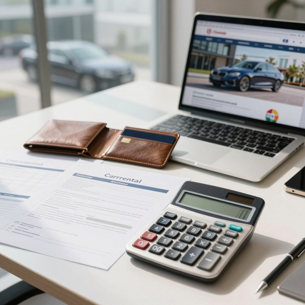 A detailed scene depicting various car rental expenses on a stylish office desk. In the foreground, there's an elegant calculator with numbers displayed, surrounded by rental agreement paperwork and invoices showing various associated fees like insurance and mileage. In the middle, an open credit card wallet is placed beside a laptop displaying a car rental website. In the background, a slightly blurred image of a luxury car parked outside a modern office building. Bright, natural lighting filters through a large window, casting soft shadows, creating an organized and professional atmosphere. The overall mood is informative and focused, emphasizing the financial aspects of car rentals.
