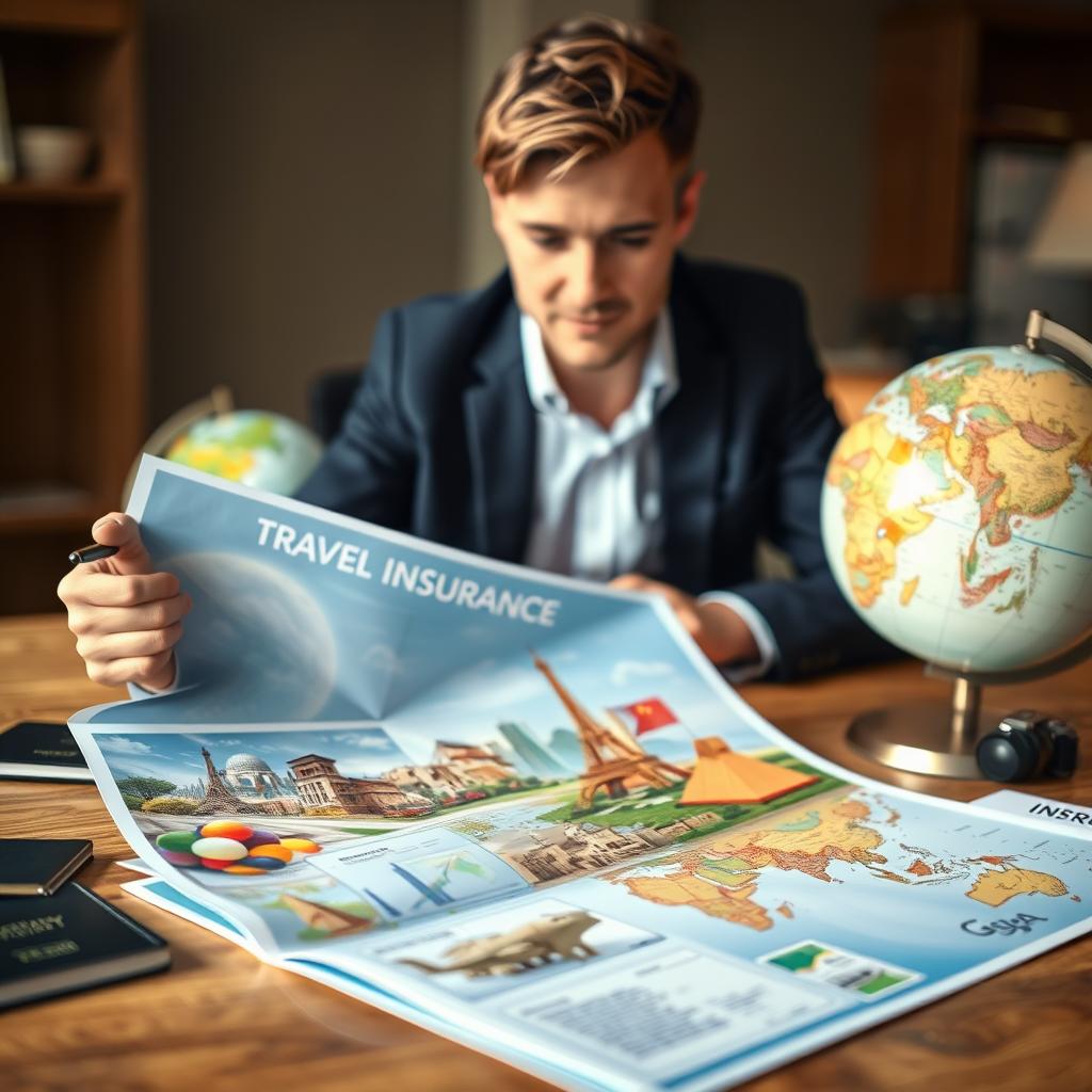 A detailed travel insurance brochure spread out on a wooden table, showcasing diverse travel destinations like the Eiffel Tower, the Great Wall of China, and the Pyramids of Giza in the background, symbolizing a world tour. In the foreground, a professional-looking person dressed in smart casual attire is examining the brochure with an expression of consideration. Soft, warm lighting creates a welcoming atmosphere, highlighting the vibrant colors of the brochure. A globe and travel essentials like a passport, camera, and a notepad are softly blurred in the background, adding depth to the scene. The image conveys a sense of security and careful planning, ideal for selecting travel insurance options.