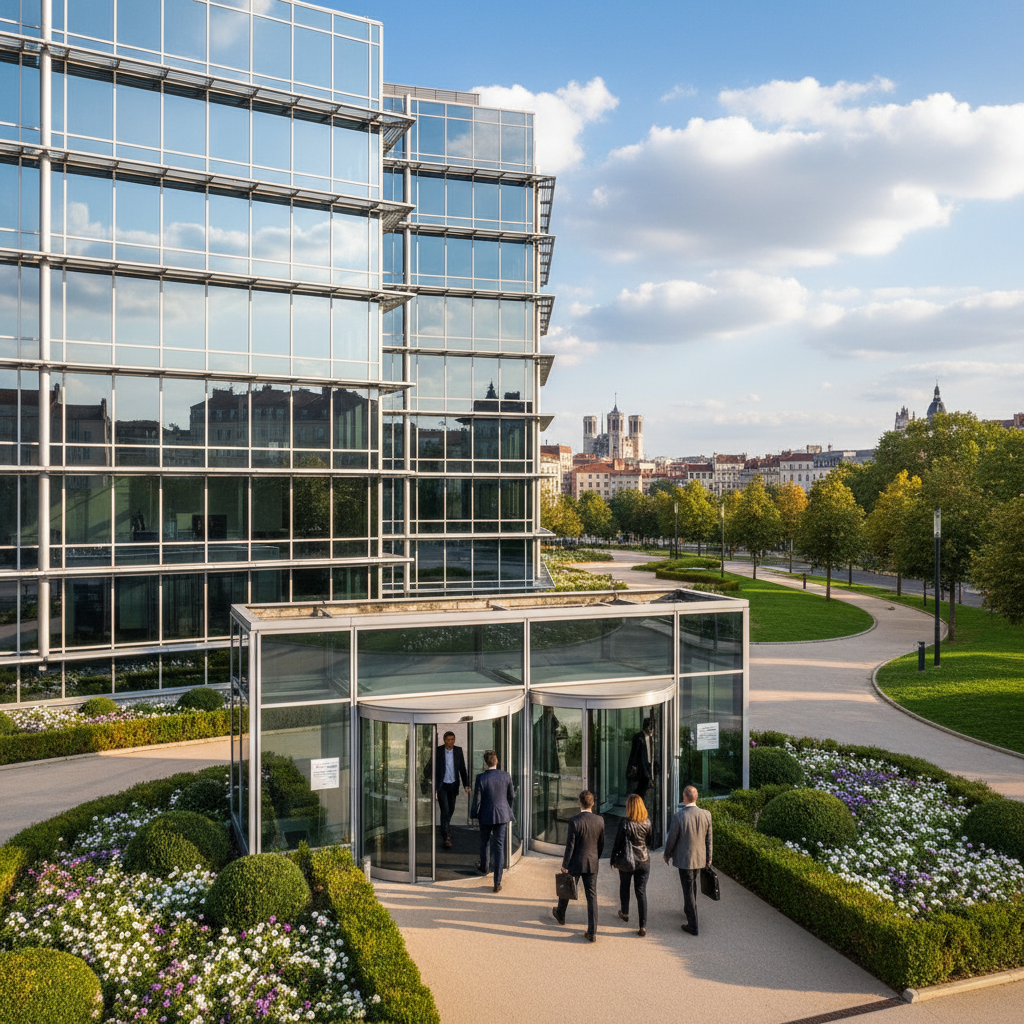 A detailed view of the "Centre des Finances Publiques" in Lyon, showcasing its modern architecture. In the foreground, depict a well-maintained entrance with glass doors and landscaped hedges, featuring a few people in professional business attire entering the building. In the middle ground, illustrate the main structure with large windows reflecting the sky, surrounded by greenery and walking paths. The background should display a clear blue sky, with the iconic Lyon skyline subtly visible. Use warm, natural lighting to enhance the inviting atmosphere, and a slightly elevated angle to emphasize the grandeur of the building while maintaining a sense of approachability. Aim for a professional, informative tone that resonates with the theme of financial resources and public services.