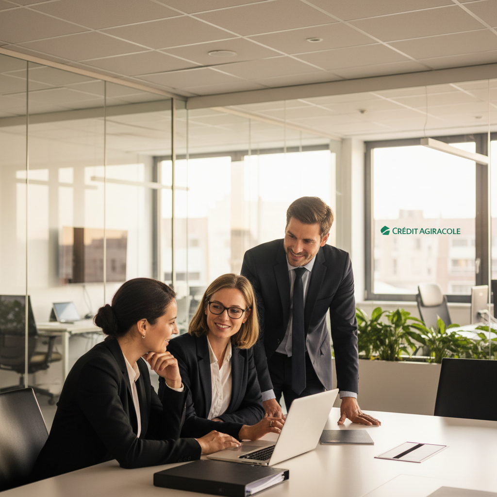 A diverse team of professional individuals collaborating in a modern office environment, showcasing the spirit of teamwork and integration within Crédit Agricole. In the foreground, a group of three professionals, one man and two women, are engaged in an animated discussion over a laptop on a sleek conference table. They are dressed in smart business attire. The middle ground features an open-plan office with glass partitions and plants, symbolizing a dynamic workplace. The background displays large windows allowing natural light to flood the space, creating a warm and inviting atmosphere. The scene is well-lit, highlighting the expressions of engagement and enthusiasm on the team members' faces. The mood is collaborative and professional, reflecting innovation and growth within the Crédit Agricole team. A diverse team of professional individuals collaborating in a modern office environment, showcasing the spirit of teamwork and integration within Crédit Agricole. In the foreground, a group of three professionals, one man and two women, are engaged in an animated discussion over a laptop on a sleek conference table. They are dressed in smart business attire. The middle ground features an open-plan office with glass partitions and plants, symbolizing a dynamic workplace. The background displays large windows allowing natural light to flood the space, creating a warm and inviting atmosphere. The scene is well-lit, highlighting the expressions of engagement and enthusiasm on the team members' faces. The mood is collaborative and professional, reflecting innovation and growth within the Crédit Agricole team.