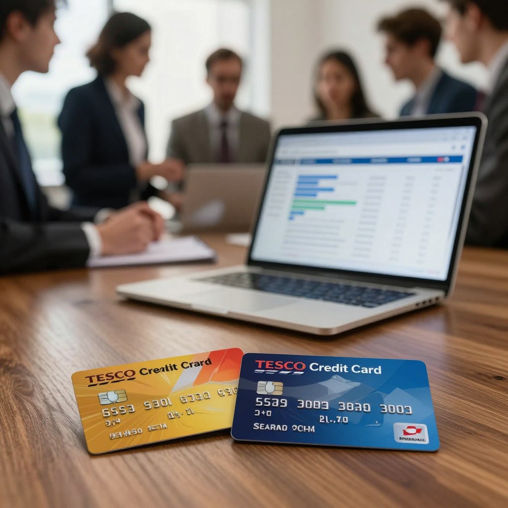 A dynamic comparison scene featuring a Tesco credit card prominently displayed in the foreground, alongside two different credit cards from other brands, showcasing a variety of designs and colors. The cards should be arranged on an elegant surface, like a polished wooden table, under soft, diffused lighting that creates a warm and inviting atmosphere. In the middle ground, a laptop or tablet displaying a financial comparison chart can be seen, emphasizing a high-tech financial analysis setting. In the background, blurred silhouettes of business professionals engage in discussions, dressed in smart business attire, suggesting a context of financial decision-making. The scene conveys a sense of professionalism and trustworthiness, ideal for potential customers evaluating their credit options.
