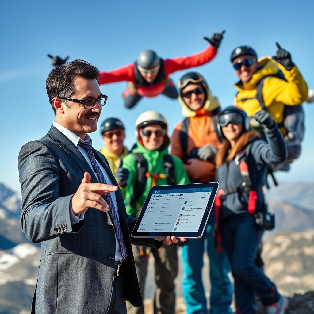 A dynamic scene depicting a professional insurance advisor discussing policies for extreme sports with a diverse group of athletes engaged in thrilling activities such as rock climbing, skydiving, and snowboarding. In the foreground, the advisor, dressed in smart business attire, gestures towards a digital tablet displaying insurance options. In the middle, the athletes are showcasing their sports gear, exuding excitement and determination. The background features a vibrant outdoor setting with mountains and a clear blue sky, highlighting the adventurous spirit. Soft, natural lighting accentuates the energy of the scene, captured from a slightly low angle to emphasize the action and camaraderie. The atmosphere is optimistic, reflecting the connection between safety and adventure.