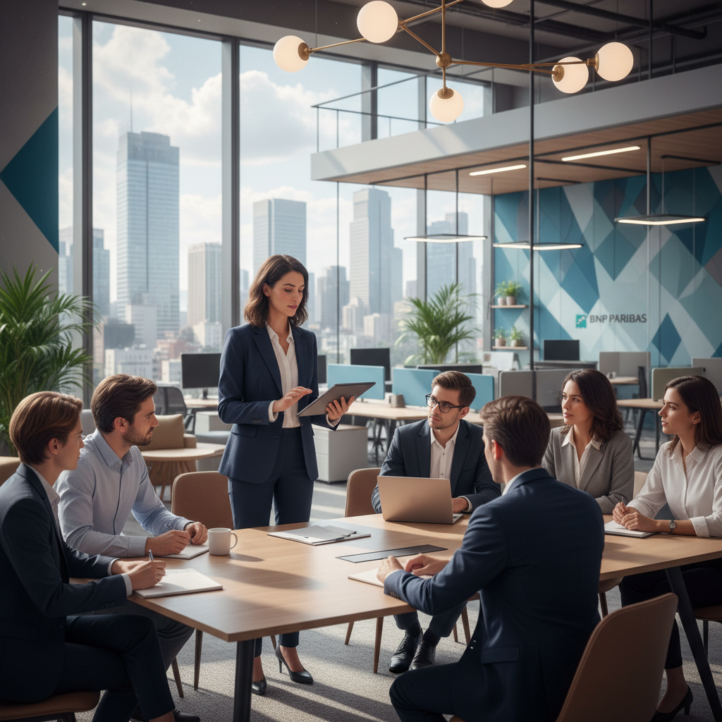 A dynamic scene set inside a modern BNP Paribas office, showcasing a diverse group of young professionals engaged in a collaborative meeting. In the foreground, a confident young woman in smart business attire is presenting ideas on a digital tablet, while her colleagues attentively listen and take notes. In the middle ground, a large glass window reveals a city skyline, with natural light streaming into the space, highlighting the sophisticated yet inviting atmosphere. In the background, brand colors of BNP Paribas subtly integrated into the decor with greenery and contemporary furnishings, enhancing the professional environment. The image conveys a sense of ambition, teamwork, and growth, reflecting the spirit of learning and development associated with BNP Paribas’ alternance program. Soft, warm lighting creates an inspiring vibe, making the space feel welcoming and encouraging. A dynamic scene set inside a modern BNP Paribas office, showcasing a diverse group of young professionals engaged in a collaborative meeting. In the foreground, a confident young woman in smart business attire is presenting ideas on a digital tablet, while her colleagues attentively listen and take notes. In the middle ground, a large glass window reveals a city skyline, with natural light streaming into the space, highlighting the sophisticated yet inviting atmosphere. In the background, brand colors of BNP Paribas subtly integrated into the decor with greenery and contemporary furnishings, enhancing the professional environment. The image conveys a sense of ambition, teamwork, and growth, reflecting the spirit of learning and development associated with BNP Paribas’ alternance program. Soft, warm lighting creates an inspiring vibe, making the space feel welcoming and encouraging.