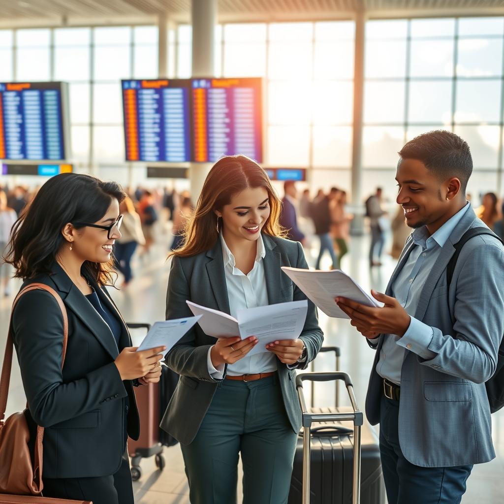 A dynamic travel scene showcasing last-minute travel insurance. In the foreground, a diverse group of three people, dressed in professional business attire, are engaged in a conversation while examining their travel documents and insurance papers. In the middle, a bustling airport terminal filled with travelers and luggage carts, vibrant departure screens displaying various flight destinations. In the background, a sunny sky visible through large glass windows, emphasizing a sense of urgency yet excitement. Soft, natural lighting illuminates the scene, creating a warm and inviting atmosphere. The overall mood reflects a blend of anticipation and peace of mind that comes with proactive planning for last-minute travels.