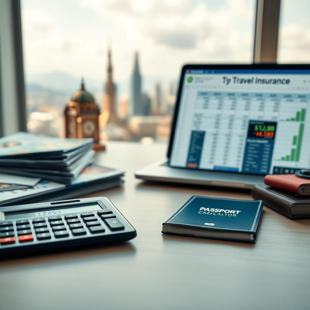 A focused composition showcasing the concept of annual travel insurance costs. In the foreground, a professional-looking calculator displays numeric values related to insurance quotes. Beside it, neatly stacked travel brochures and a passport symbolize travel. In the middle, a serene desk environment is highlighted, with a laptop open to a financial calculator spreadsheet, reflecting an organized planning process. The background captures a blurred scenic view of iconic global landmarks, suggesting travel destinations. Soft, natural lighting illuminates the scene, creating a warm and inviting atmosphere. The camera angle is slightly above the scene, providing a comprehensive view while maintaining a sense of intimacy and focus on the financial aspect of travel planning.