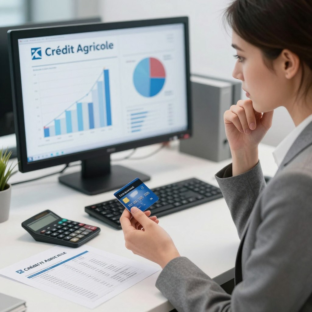A focused office scene illustrating the concept of bank card fees, specifically for Crédit Agricole. In the foreground, a professional-looking woman, dressed in business attire, examines a credit card with a thoughtful expression. On her desk, there's a calculator alongside papers showing various bank fee structures, emphasizing the impact on savings. In the middle ground, a large monitor displays graphs and pie charts related to banking fees. In the background, soft office lighting enhances a modern, organized workspace. The atmosphere conveys a sense of professionalism and contemplation, highlighting the significance of understanding financial costs. The image should be well-lit and sharp, capturing attention while suggesting a serious tone about financial literacy.
