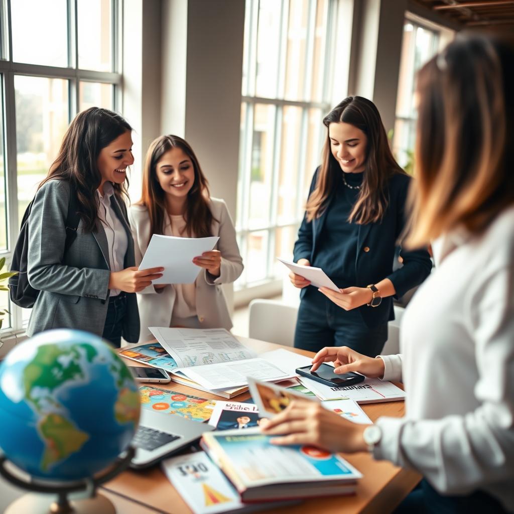 A focused scene capturing the essence of student travel insurance. In the foreground, a diverse group of three young adults, dressed in smart casual clothing, are engaged in conversation while reviewing documents related to travel insurance. The middle layer features a table cluttered with travel brochures, a laptop displaying insurance options, and a globe, symbolizing international study destinations. In the background, an office setting with large windows letting in warm, natural light, and an atmosphere of productivity and collaboration. The lighting should be soft yet bright, highlighting the enthusiasm and determination of the students. The overall mood is optimistic and professional, reflecting the importance of taking proactive steps for safety while studying abroad.