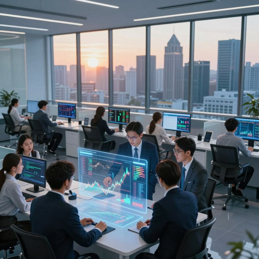 A futuristic bank office showcasing innovative financial technology. In the foreground, a diverse team of professionals in business attire collaborates around a holographic display of financial data and graphs. The middle ground features sleek, modern workstations equipped with digital devices, displaying live market trends. The background consists of large glass windows overlooking a city skyline, reflecting a high-tech atmosphere with ambient lighting simulating a sunrise, casting soft, warm tones throughout the scene. The image conveys a sense of dynamism and progress, emphasizing teamwork and the digital transformation in banking. The overall mood is optimistic and forward-thinking.
