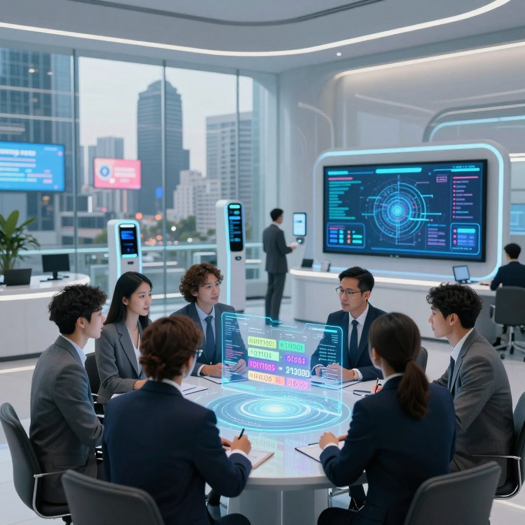 A futuristic banking environment showcasing innovations in routing numbers. In the foreground, a diverse group of professionals dressed in smart business attire, engaged in a collaborative discussion around a sleek holographic interface displaying digital banking data and routing numbers in vibrant colors. The middle ground features advanced technology like biometric scanners and interactive screens showing data flow, representing the integration of AI in banking systems. In the background, a transparent glass wall reveals a cityscape with modern skyscrapers and digital billboards. The atmosphere is bright and innovative, with soft, ambient lighting from the screens, capturing a sense of progress and the future of finance, shot at eye level to immerse the viewer in the scene.