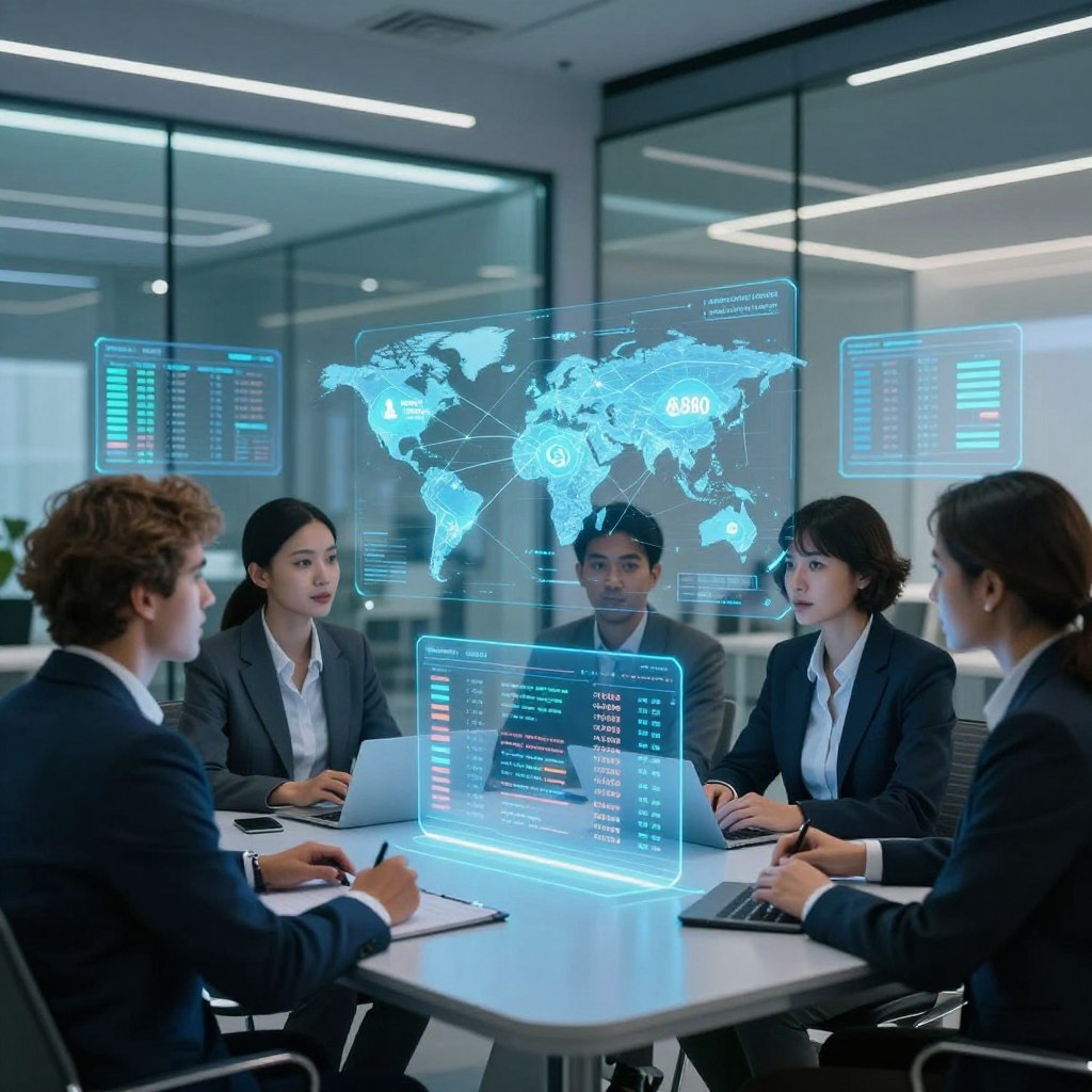 A futuristic banking environment showcasing recent innovations in bank transfers. In the foreground, a diverse group of professionals in smart business attire are engaged in a discussion around a sleek, modern digital interface displaying real-time transaction data. The middle ground features holographic bank transfer visuals, representing seamless connectivity between different currencies and international networks. The background highlights a sophisticated, well-lit office space with glass walls and contemporary design elements, suggesting a high-tech atmosphere. Soft blue and green lighting adds a calming effect, evoking trust and professionalism. The angle captures both the action and the innovative technology, presenting an engaging view of the evolving landscape of bank transfers.