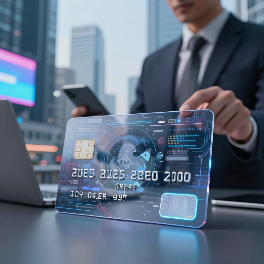 A futuristic credit card displayed prominently in the foreground, featuring sleek design elements like holographic interfaces and biometric sensors. This card is partially transparent, showcasing innovative technology like embedded screens displaying transaction data. In the middle ground, a business person dressed in professional attire examines the card, highlighting its usability in a modern context. In the background, a high-tech urban environment with skyscrapers and digital billboards reflects advancements in financial technology. Soft, cool lighting enhances the modern atmosphere, casting gentle shadows that add depth. The overall mood is dynamic and forward-looking, capturing the essence of current trends in credit card innovations. The image should be free of any text, logos, or watermarks.