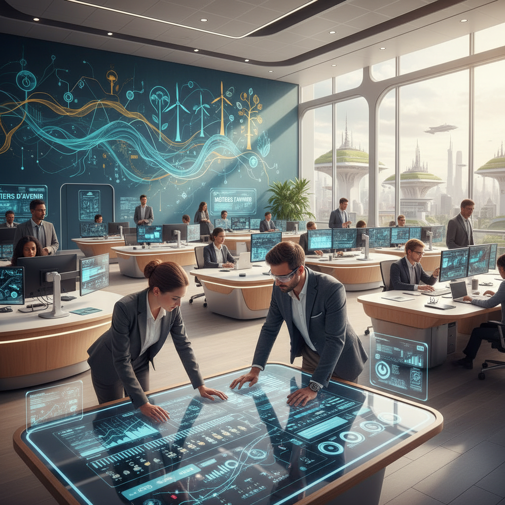 A futuristic office environment showcasing diverse professionals at work, symbolizing the "métiers d'avenir". In the foreground, a woman in business attire collaborates with a man in smart casual clothing at a high-tech digital table displaying data analytics. The middle section features a modern workspace with large windows allowing natural light to flood the room, fostering a vibrant atmosphere. In the background, a mural depicting innovation and sustainability themes enhances the space's energy. The lighting is bright yet warm, creating an inviting mood. Capture the scene from a wide angle, emphasizing inclusivity and forward-thinking, with a focus on teamwork and professionalism. The overall ambiance reflects a sense of optimism and growth in the banking sector. A futuristic office environment showcasing diverse professionals at work, symbolizing the "métiers d'avenir". In the foreground, a woman in business attire collaborates with a man in smart casual clothing at a high-tech digital table displaying data analytics. The middle section features a modern workspace with large windows allowing natural light to flood the room, fostering a vibrant atmosphere. In the background, a mural depicting innovation and sustainability themes enhances the space's energy. The lighting is bright yet warm, creating an inviting mood. Capture the scene from a wide angle, emphasizing inclusivity and forward-thinking, with a focus on teamwork and professionalism. The overall ambiance reflects a sense of optimism and growth in the banking sector.
