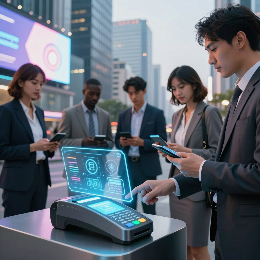 A futuristic payment scene set in a modern urban environment. In the foreground, a sleek digital payment terminal with holographic interfaces displays various currencies and biometric options. In the middle ground, diverse professionals in smart business attire interact with innovative payment devices, showcasing a seamless blend of technology and humanity. The background features a bustling cityscape with high-tech buildings and digital billboards illustrating the evolution of money. The scene is illuminated by ambient, soft lighting to create a hopeful and progressive mood. A low-angle perspective enhances the sense of innovation and forward-thinking, while the overall composition captivates the viewer's attention, reflecting a visionary outlook on the future of payments.