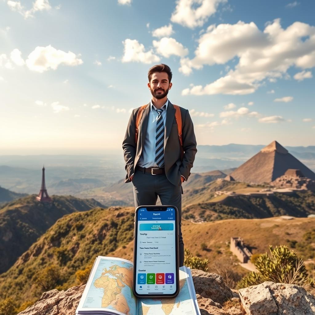 A globetrotter standing confidently on a scenic mountain overlook, with a vast landscape of diverse terrains in the background, symbolizing the journey around the world. The foreground features a travel guidebook and a smartphone displaying a travel insurance app. In the middle ground, there are iconic landmarks like the Eiffel Tower, Great Wall of China, and pyramids, subtly blended into the scenery. The atmosphere is bright and optimistic, with soft, warm sunlight filtering through scattered clouds, creating a welcoming, adventurous mood. Use a wide-angle lens to capture the expansive view. Ensure the traveler is dressed in smart-casual attire, embodying a sense of professionalism and readiness for their global adventure.