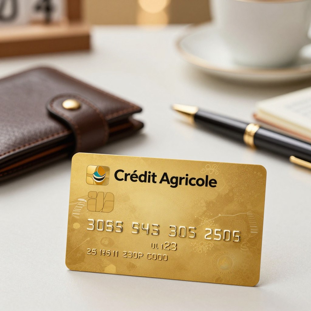 A luxurious Gold credit card prominently displayed in the foreground, featuring the Crédit Agricole logo and elegant gold accents. The card should reflect a sleek, modern design with a glossy finish, showcasing its premium status. In the middle ground, include a carefully arranged flat lay of various financial items such as a stylish leather wallet, a stylish pen, and a notepad, hinting at financial planning. In the background, softly blurred office setting with warm lighting, evoking a professional atmosphere. The overall mood is sophisticated and inviting, with a focus on financial empowerment and choices. Shot using a shallow depth of field to emphasize the card, capturing the essence of high-end banking options without any distractions. A luxurious Gold credit card prominently displayed in the foreground, featuring the Crédit Agricole logo and elegant gold accents. The card should reflect a sleek, modern design with a glossy finish, showcasing its premium status. In the middle ground, include a carefully arranged flat lay of various financial items such as a stylish leather wallet, a stylish pen, and a notepad, hinting at financial planning. In the background, softly blurred office setting with warm lighting, evoking a professional atmosphere. The overall mood is sophisticated and inviting, with a focus on financial empowerment and choices. Shot using a shallow depth of field to emphasize the card, capturing the essence of high-end banking options without any distractions.