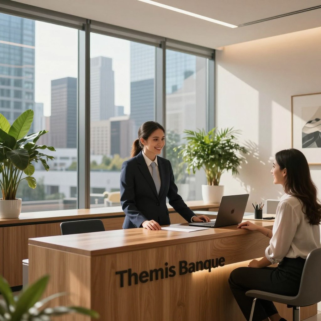 A modern and sleek bank office interior with a focus on "Themis Banque," featuring a contemporary reception area. In the foreground, a professional banker, dressed in formal business attire, stands confidently behind a polished wooden counter, engaging with a smiling client. In the middle ground, a large glass window reveals a city skyline with tall buildings, reflecting a bright, sunny day, symbolizing growth and opportunities. The background showcases elegant green plants and minimalist art on the walls, enhancing a welcoming atmosphere. The lighting is warm and inviting, casting soft shadows to create depth. The angle captures both the banker and the skyline, conveying a sense of trust and forward-thinking investment prospects. A modern and sleek bank office interior with a focus on "Themis Banque," featuring a contemporary reception area. In the foreground, a professional banker, dressed in formal business attire, stands confidently behind a polished wooden counter, engaging with a smiling client. In the middle ground, a large glass window reveals a city skyline with tall buildings, reflecting a bright, sunny day, symbolizing growth and opportunities. The background showcases elegant green plants and minimalist art on the walls, enhancing a welcoming atmosphere. The lighting is warm and inviting, casting soft shadows to create depth. The angle captures both the banker and the skyline, conveying a sense of trust and forward-thinking investment prospects.