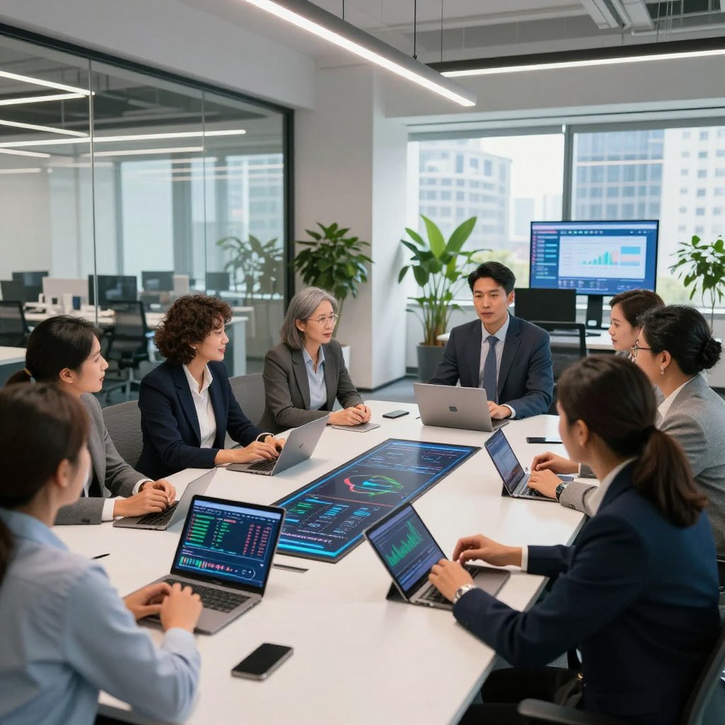 A modern and sleek office environment showcasing recent innovations by BNP Paribas. In the foreground, a diverse group of professionals dressed in smart business attire, engaged in animated discussion around a digital conference table equipped with advanced technology like tablets and interactive screens displaying financial data. The middle ground features a contemporary office layout with glass walls, natural light spilling in from large windows, and plants to create a vibrant atmosphere. In the background, a cityscape can be seen through the windows, symbolizing growth and opportunity. The overall mood is energetic and collaborative, emphasizing innovation and financial management. Use bright, professional lighting to enhance the clarity and focus on the subjects, capturing a dynamic angle that conveys movement and engagement.