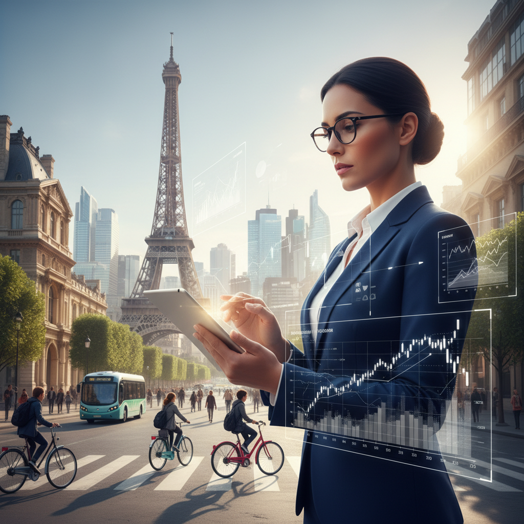 A modern and sophisticated illustration of the French economy, showcasing a vibrant cityscape of Paris with iconic landmarks like the Eiffel Tower and the Louvre in the background. In the foreground, a confident business professional, dressed in a sharp navy suit and glasses, analyses futuristic financial graphs and digital data on a tablet. The middle ground features a blend of bustling street life and subtly integrated high-tech elements like smart city infrastructure, symbolizing innovation in finance. Bright daylight filters through the scene, creating a dynamic and optimistic atmosphere, emphasizing growth and progress. Focused from a low angle with a wide lens, the image captures both the individual’s determination and the vibrant essence of France’s economic future.
