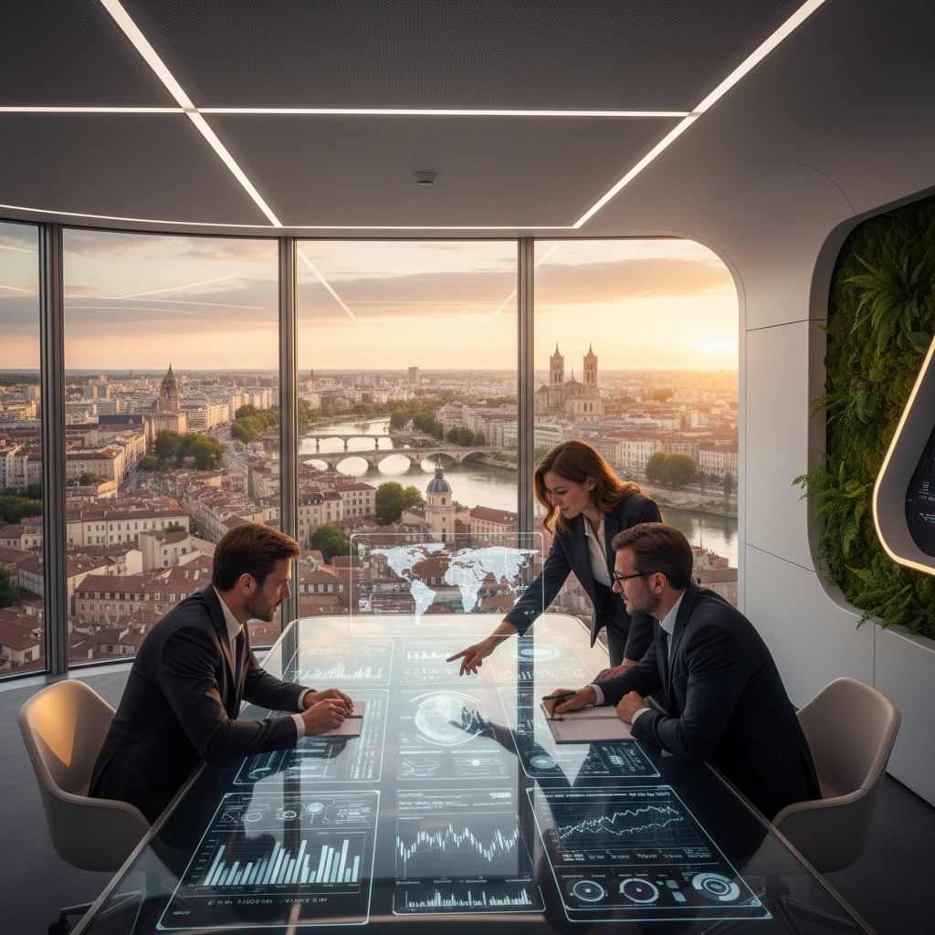 A modern and visionary office environment reflecting the future of public finance in Toulouse. In the foreground, a group of three professionals, two men and one woman, dressed in professional business attire, engaged in a discussion around a high-tech conference table with screens displaying financial data. In the middle ground, large windows reveal a panoramic view of Toulouse's skyline, with the iconic cityscape bathed in warm, natural light. The background features a sleek, contemporary design with hints of greenery, symbolizing innovation and sustainability. Soft, ambient lighting enhances the atmosphere, suggesting collaboration and forward-thinking. The overall mood is optimistic and dynamic, embodying the evolving landscape of public finance.