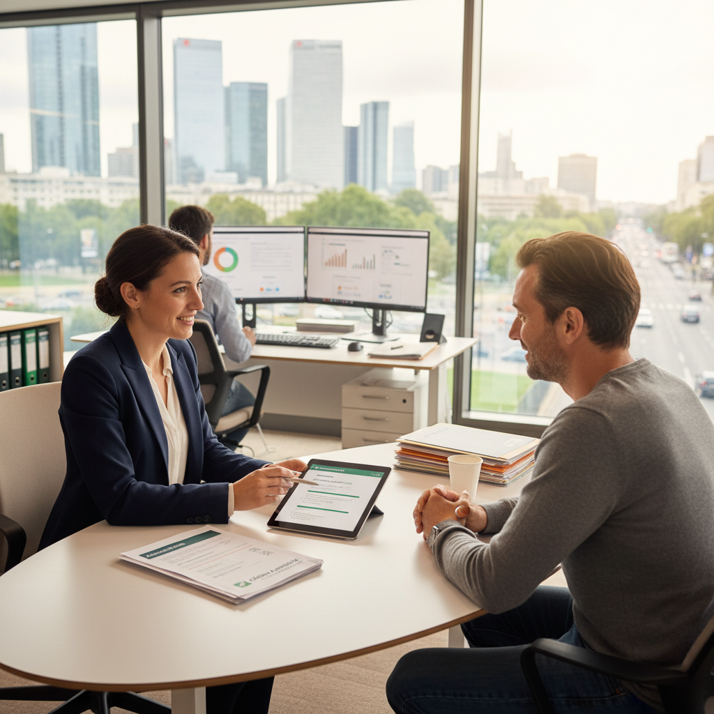 A modern bank office environment showcasing various banking services. In the foreground, a professional-looking female banker in business attire is consulting with a client, who is dressed in modest casual clothing. They are reviewing documents related to insurance services provided by Crédit Agricole Île-de-France. The middle ground features a sleek, contemporary desk with a computer, financial documents, and a coffee cup, conveying a sense of professionalism and efficiency. In the background, large windows allow natural light to fill the room, with a view of a bustling urban landscape. The overall mood should be confident and reassuring, highlighting the trust and security of banking services. Use soft, warm lighting to enhance the inviting atmosphere. A modern bank office environment showcasing various banking services. In the foreground, a professional-looking female banker in business attire is consulting with a client, who is dressed in modest casual clothing. They are reviewing documents related to insurance services provided by Crédit Agricole Île-de-France. The middle ground features a sleek, contemporary desk with a computer, financial documents, and a coffee cup, conveying a sense of professionalism and efficiency. In the background, large windows allow natural light to fill the room, with a view of a bustling urban landscape. The overall mood should be confident and reassuring, highlighting the trust and security of banking services. Use soft, warm lighting to enhance the inviting atmosphere.