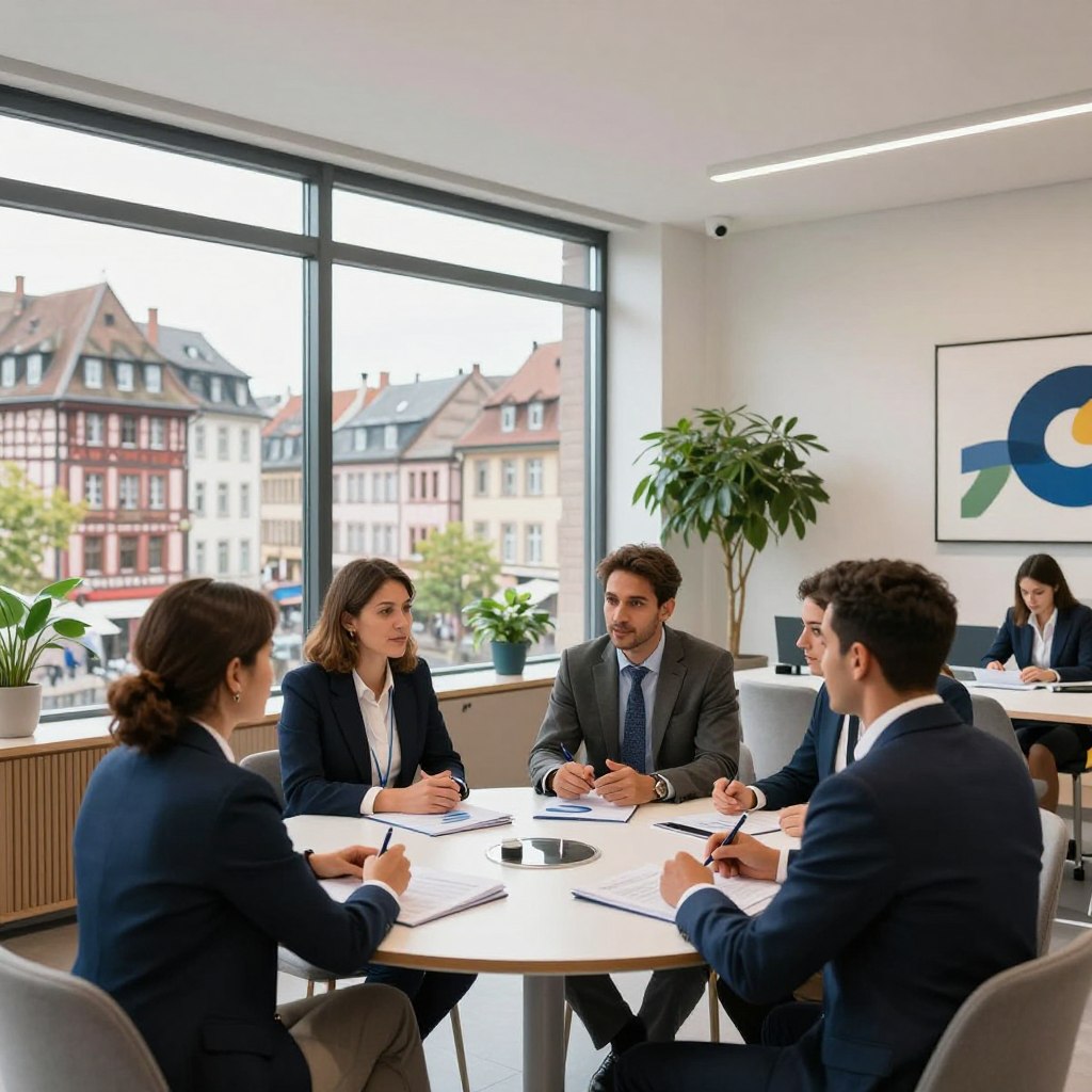 A modern banking office of Banque Populaire Alsace, showcasing a sleek and inviting interior. In the foreground, a diverse group of professionals in business attire discuss financial insights around a round table, exuding confidence and collaboration. In the middle, large windows flood the space with natural light, revealing a cityscape of Strasbourg’s charming architecture outside, blending tradition with innovation. The background features stylish design elements like green plants and contemporary art, embodying a welcoming atmosphere. The lighting is bright and airy, enhancing the image of a forward-thinking financial institution. The scene conveys an optimistic, professional mood, highlighting the essence of a trusted banking partner for the future.