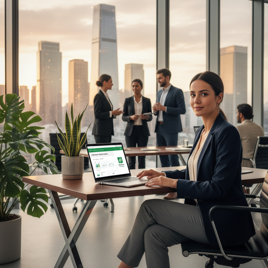 A modern business scene depicting the concept of online banking for enterprises. In the foreground, a professional woman in smart business attire is seated at a sleek desk, engaging with a laptop displaying the Crédit Agricole online banking interface. The middle ground features a large window with a city skyline view, allowing natural light to flood the space, creating an open and inviting atmosphere. Potted green plants add a touch of life to the space. In the background, blurred silhouettes of other professionals collaborating in a bright, contemporary office can be seen, enhancing the sense of a dynamic work environment. The lighting is soft and warm, emphasizing innovation and connectivity in the digital financial landscape.