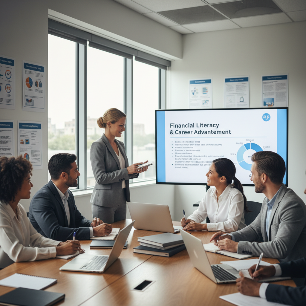 A modern classroom setting focusing on professional training and education. In the foreground, a diverse group of six adult learners engaged in an interactive workshop, dressed in professional business attire. They are collaborating around a central table filled with laptops and educational materials, with a facilitator guiding the session. In the middle ground, large windows allow natural light to flood the room, creating a bright and inviting atmosphere. Several educational posters and charts related to skills development adorn the walls. In the background, a digital screen displays a presentation on financial literacy and career development. The overall mood is one of motivation and professionalism, emphasizing growth and learning through education and training. A modern classroom setting focusing on professional training and education. In the foreground, a diverse group of six adult learners engaged in an interactive workshop, dressed in professional business attire. They are collaborating around a central table filled with laptops and educational materials, with a facilitator guiding the session. In the middle ground, large windows allow natural light to flood the room, creating a bright and inviting atmosphere. Several educational posters and charts related to skills development adorn the walls. In the background, a digital screen displays a presentation on financial literacy and career development. The overall mood is one of motivation and professionalism, emphasizing growth and learning through education and training.