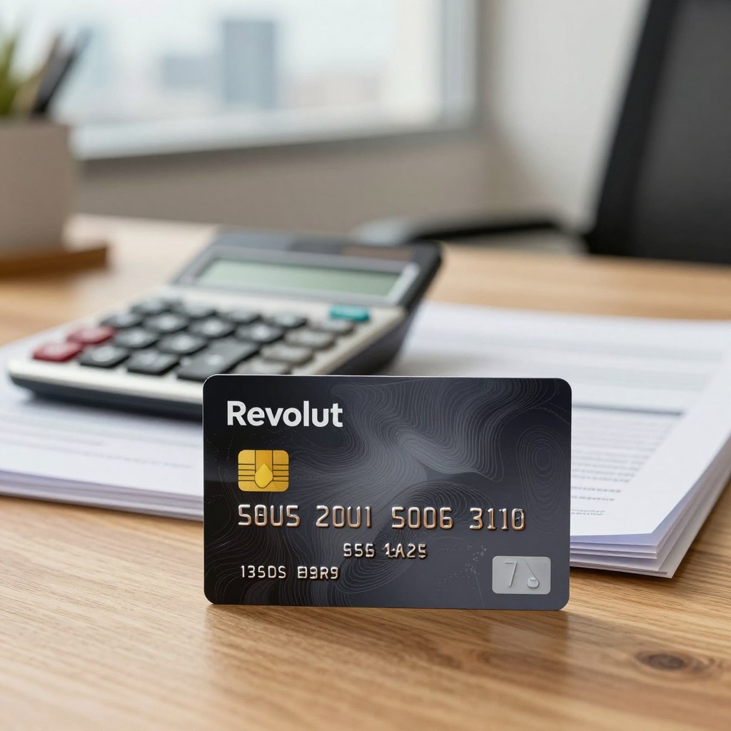 A modern credit card prominently displayed in the foreground, featuring the Revolut logo and an intricate design showcasing its sleek features. In the middle ground, a calculator and a stack of financial documents subtly suggest the implications of interest rates and taxes associated with credit usage. The background consists of a softly lit office environment, with a wooden desk and a blurred cityscape visible through a window, adding depth and context. Use warm, inviting lighting to create a professional yet approachable atmosphere, softly focused to draw attention to the card and financial tools. The overall mood should convey financial empowerment and responsibility, appealing to a savvy audience looking to understand the implications of using the Revolut card.