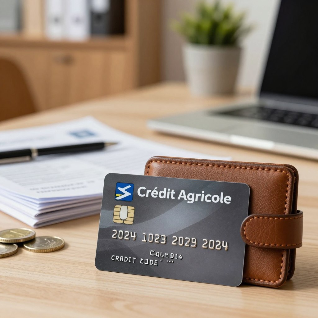 A modern credit card prominently displayed in the foreground, featuring the logo of Crédit Agricole. The card is partially embedded in a stylish wallet made of leather, showcasing a soft and sophisticated texture. In the middle ground, a blurred stack of financial documents and a laptop hint at online banking, surrounded by a few coins, creating a sense of finance and technology. The background includes a softly lit office environment with wooden furniture and greenery, suggesting a calming and professional atmosphere. The lighting is warm and inviting, creating an atmosphere of trust and security, ideal for financial topics. The composition emphasizes clarity and focus on the credit card while including elements that reflect the evolution of banking fees.