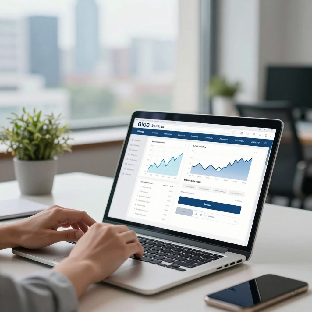 A modern digital banking interface, with a focus on secure online banking features. In the foreground, display a sleek laptop with an open banking dashboard showcasing various financial graphs and secure login features. Include a person's hands, dressed in business casual attire, interacting with the screen, symbolizing user engagement. In the middle ground, feature a stylish office environment with a clean desk, potted plants, and soft natural lighting filtering through a window, enhancing the sense of security and professionalism. In the background, a soft blur of a bustling cityscape can be seen through the window, representing the connectivity of online banking. The overall mood should be optimistic and reassuring, evoking trust and innovation in digital finance.