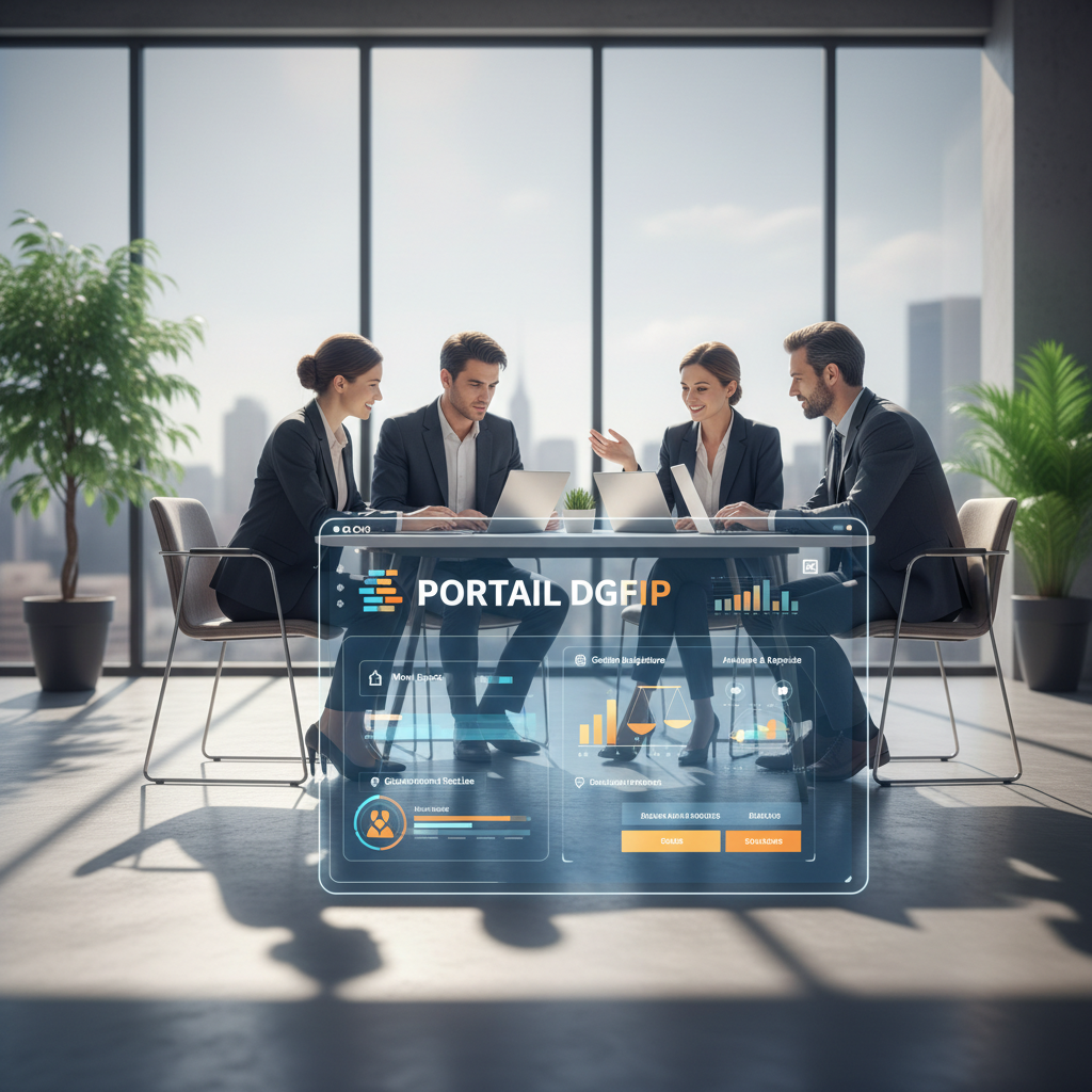 A modern digital interface representing the "Portail DGFIP" for public finance management, displayed prominently in the foreground, showcasing user-friendly navigation elements and vibrant graphics. In the middle ground, a diverse group of professionals, dressed in smart business attire, engaged with the portal on laptops and tablets, demonstrating collaboration and efficiency. The background features a sleek, contemporary office environment with large windows allowing natural light to flood in, creating an optimistic and productive atmosphere. Soft shadows enhance depth while a warm color palette conveys a sense of trust and reliability. Capture the mood of empowerment and clarity in financial management.