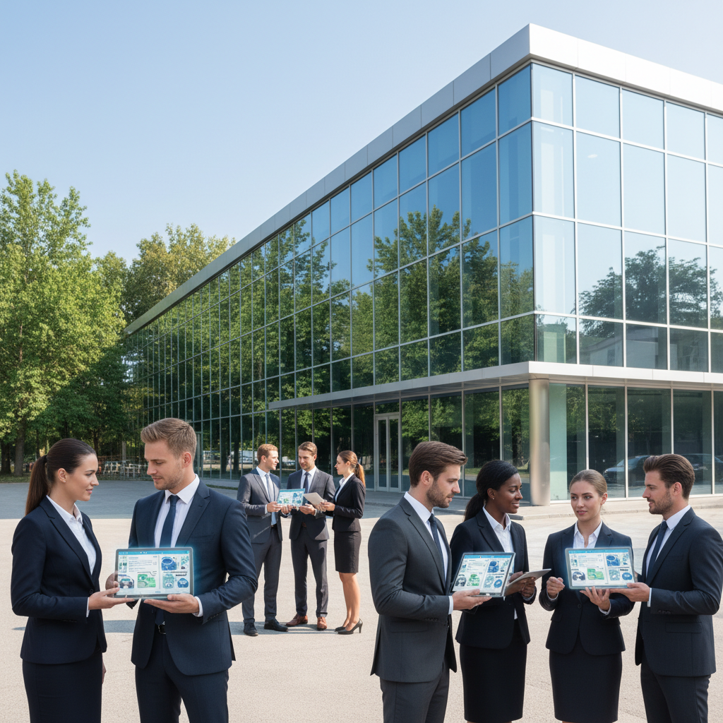 A modern driving school training platform, focused on learning and development. In the foreground, a diverse group of professional-looking individuals, dressed in business attire, engage in conversation and examine digital tablets featuring driving course materials. The middle ground showcases a sleek modern building with large glass windows, symbolizing innovation in education. In the background, a serene outdoor environment with trees and a clear blue sky conveys a sense of calm and focus on learning. Natural light bathes the scene, emphasizing a productive and motivational atmosphere. The overall mood is one of professionalism and forward-thinking, reflecting the importance of training for the future of professional development.