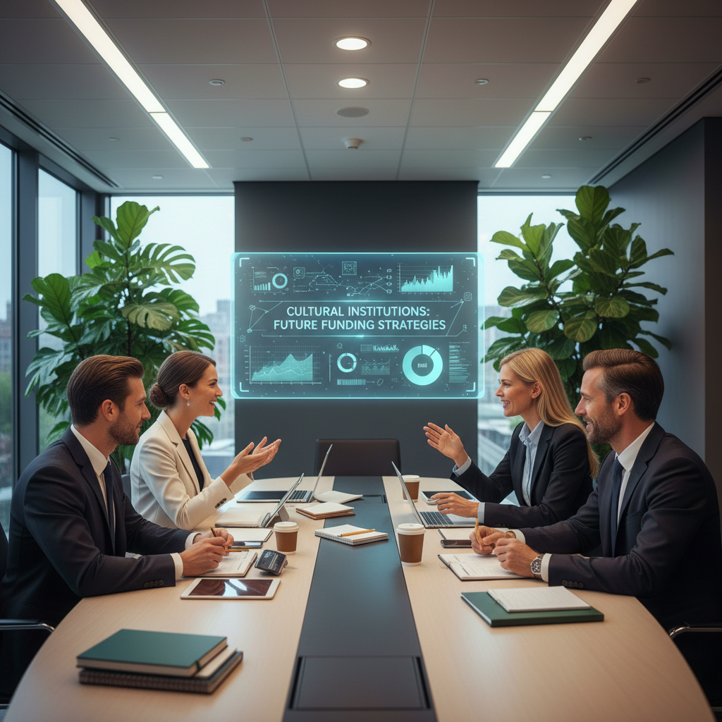 A modern, ecological conference room featuring diverse professionals engaged in a lively discussion about innovative financing solutions. In the foreground, a group of four well-dressed individuals (two men and two women) are animatedly brainstorming around a sleek, oval table filled with digital devices, charts, and eco-friendly materials. In the middle, a large screen displays dynamic infographics about future funding strategies for cultural institutions, casting a soft glow across the room. In the background, potted plants and large windows let in natural light, creating a warm, inviting atmosphere. The scene is illuminated by ambient lighting, suggesting a sense of hope and collaboration. The camera angle is slightly elevated, providing a comprehensive view of the participants and their engagement with the topic.