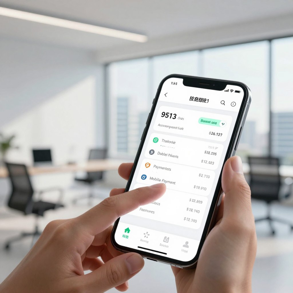 A modern mobile banking application interface displayed prominently on a sleek smartphone, with hands gently navigating the app. The foreground showcases the phone with an intuitive layout featuring account balances, transaction history, and innovative features like mobile payments and budgeting tools. The middle background reveals a stylish, minimalistic office environment, emphasizing a tech-savvy and professional atmosphere illuminated by soft, natural lighting. In the far background, blurred silhouettes of contemporary office buildings enhance the sense of innovation and advancement. The overall mood is one of efficiency and modernity, inspiring confidence in technology's role in banking. The image should feel fresh, sleek, and sophisticated.