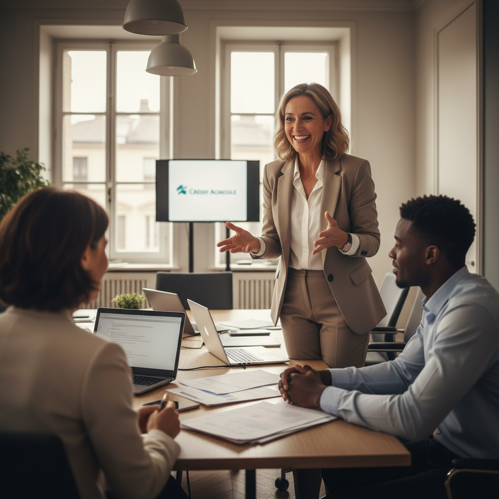 A modern office environment featuring a diverse group of employees from Crédit Agricole engaged in a lively discussion. In the foreground, a middle-aged Caucasian woman in smart business attire is smiling and gesturing as she shares her experience. Beside her, a young Black man in a crisp shirt, attentively listening. The middle ground includes a modern conference table with laptops and documents scattered across it, indicating collaboration. The background shows a sleek office with large windows letting in natural light, creating an inviting atmosphere. Soft, warm lighting enhances a professional yet friendly vibe, and the angle is slightly overhead to capture the dynamics of the interaction. The imagery should reflect teamwork, positivity, and the supportive culture at Crédit Agricole. A modern office environment featuring a diverse group of employees from Crédit Agricole engaged in a lively discussion. In the foreground, a middle-aged Caucasian woman in smart business attire is smiling and gesturing as she shares her experience. Beside her, a young Black man in a crisp shirt, attentively listening. The middle ground includes a modern conference table with laptops and documents scattered across it, indicating collaboration. The background shows a sleek office with large windows letting in natural light, creating an inviting atmosphere. Soft, warm lighting enhances a professional yet friendly vibe, and the angle is slightly overhead to capture the dynamics of the interaction. The imagery should reflect teamwork, positivity, and the supportive culture at Crédit Agricole.