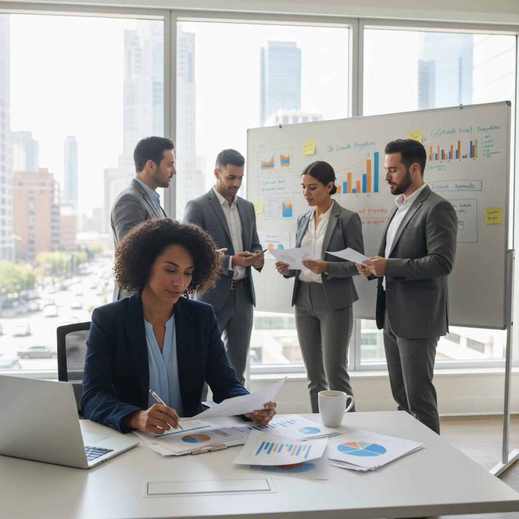 A modern office environment focused on business banking support. In the foreground, a professional-looking woman in business attire analyzes financial documents on a sleek desk, with a laptop and coffee cup beside her. In the middle ground, a group of diverse professionals, also in business attire, engage in a discussion around a whiteboard filled with financial data and graphs. The background features large windows letting in natural light, showcasing a bustling cityscape. The mood is one of collaboration and empowerment, with a warm, inviting atmosphere. Use soft, diffused lighting to create a professional yet approachable feel. The image should evoke a sense of trust and support in business banking services.