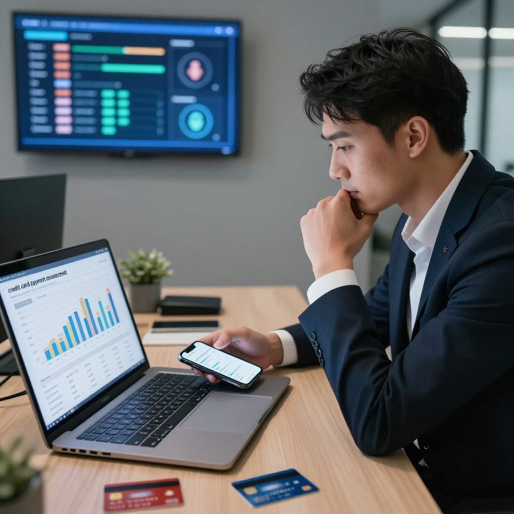 A modern office scene focused on "credit card payment management." In the foreground, a sleek desktop with a laptop displaying graphs and statistics related to credit card transactions. Beside the laptop, a smartphone showing a payment app interface, surrounded by credit cards. In the middle, a professional in business attire is analyzing data, with a thoughtful expression, reflecting a mood of focus and diligence. In the background, a wall-mounted screen displays an overview of payment flows and security measures, with a soft glow of ambient lighting creating a calm and organized atmosphere. The entire scene is captured with a slight overhead angle, ensuring clarity in all elements while maintaining a sense of professionalism and expertise. A modern office scene focused on "credit card payment management." In the foreground, a sleek desktop with a laptop displaying graphs and statistics related to credit card transactions. Beside the laptop, a smartphone showing a payment app interface, surrounded by credit cards. In the middle, a professional in business attire is analyzing data, with a thoughtful expression, reflecting a mood of focus and diligence. In the background, a wall-mounted screen displays an overview of payment flows and security measures, with a soft glow of ambient lighting creating a calm and organized atmosphere. The entire scene is captured with a slight overhead angle, ensuring clarity in all elements while maintaining a sense of professionalism and expertise.