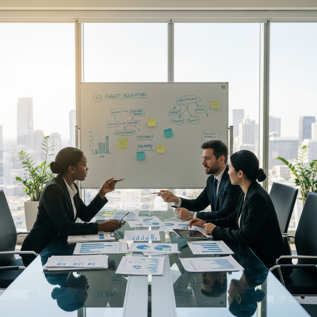 A modern office scene showcasing financial management concepts. In the foreground, a diverse team of three professionals in formal business attire (a Black woman, a Caucasian man, and an Asian woman) are engaged around a large table filled with documents, graphs, and financial charts. The middle ground features a whiteboard covered with colorful planning notes and budgeting strategies. In the background, large windows reveal a city skyline, allowing natural light to illuminate the space, creating a bright and productive atmosphere. The mood is collaborative and focused, emphasizing teamwork and strategic planning in finances. The camera angle is slightly elevated, providing a comprehensive view of the lively discussion and detailed workspace.