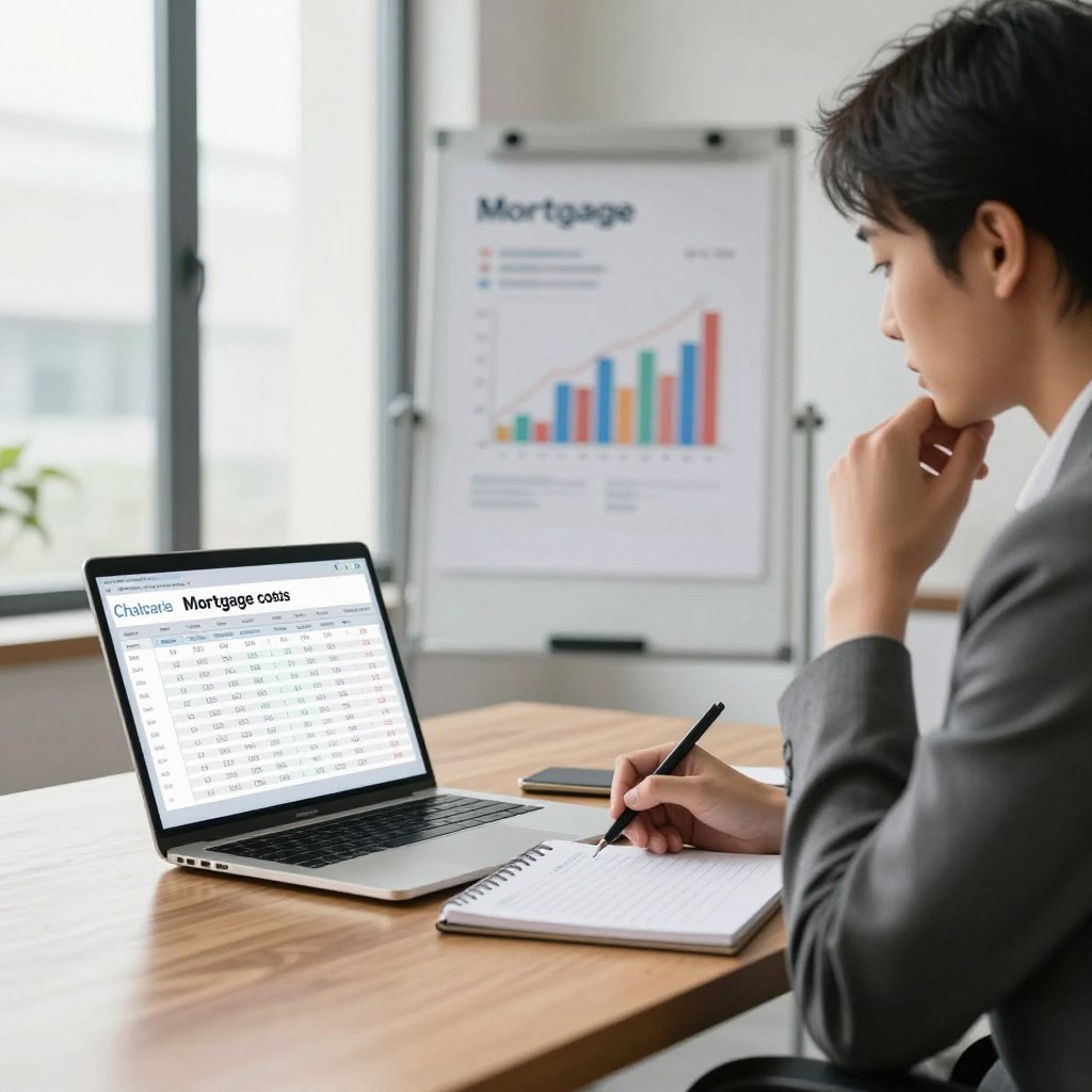 A modern office setting focused on mortgage calculations, with a sleek wooden desk in the foreground featuring an open laptop displaying a mortgage calculator interface. A professional in business attire, with a thoughtful expression, is seated at the desk, analyzing data on a notepad filled with figures. In the middle ground, a whiteboard displays graphs and key points related to mortgage fees and interest rates. The background shows a large window with natural light streaming in, illuminating the space and creating a bright, inviting atmosphere. Use soft, diffused lighting for a calm feel while ensuring the overall composition reflects professionalism and clarity, emphasizing the importance of understanding associated costs in mortgage evaluations.