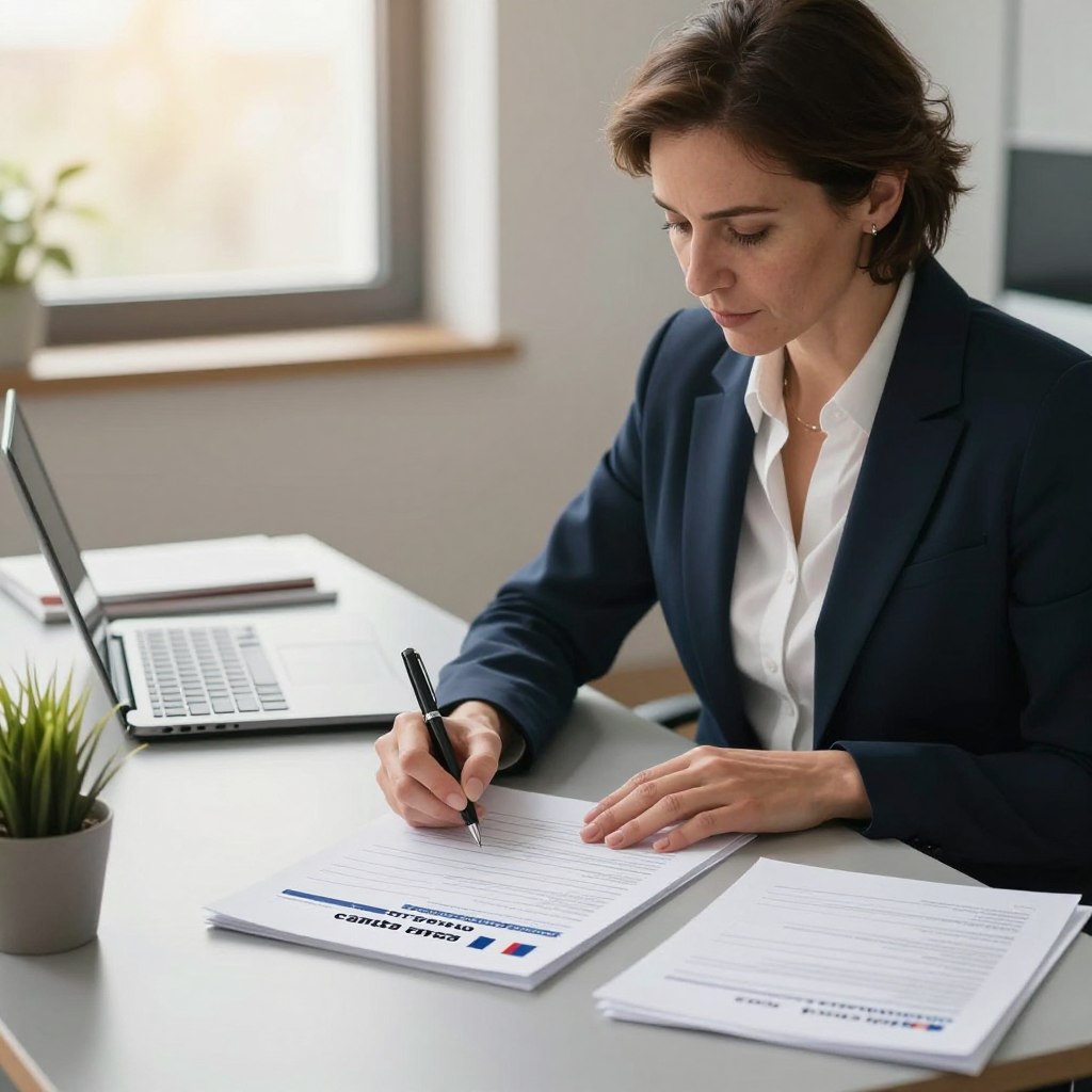 A modern office setting showcasing a professional, middle-aged woman wearing smart business attire, sitting at a sleek desk. In the foreground, she is intently filling out a 'changement d'adresse' form for a French carte grise, with a pen in hand. In the middle ground, the desk features a laptop, paperwork, and a small potted plant, subtly emphasizing an organized environment. The background includes a window with soft daylight filtering in, casting a warm glow over the scene, enhancing the atmosphere of focus and diligence. The overall mood is one of professionalism and authority, suitable for a formal inquiry into French administrative processes.