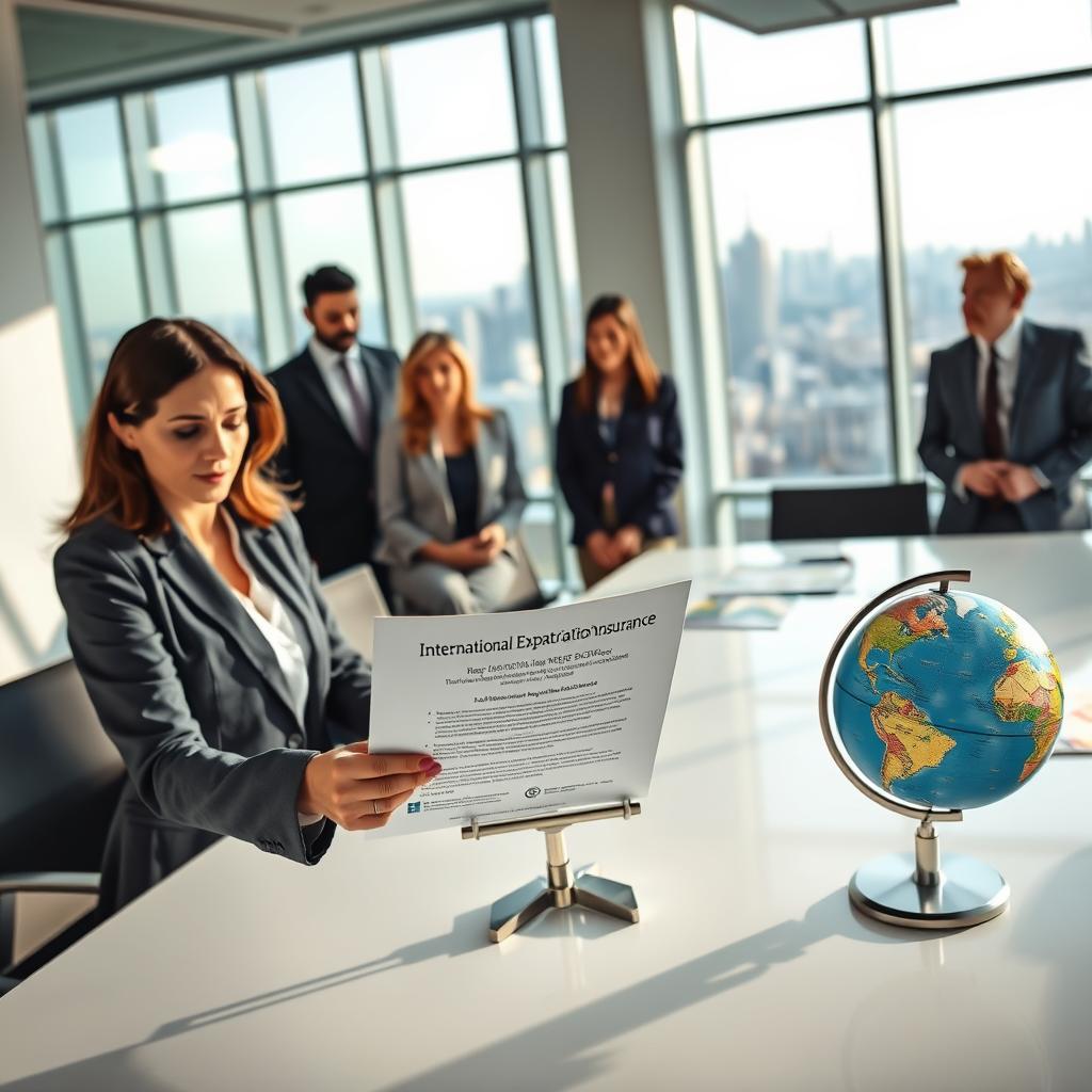 A modern office setting with an international feel, featuring a diverse group of professionals engaged in discussion about expatriate travel insurance. In the foreground, a confident woman in professional attire is reviewing a document titled "International Expatriation Insurance." The middle ground shows a globe and travel brochures on a sleek conference table, symbolizing global reach and exploration. In the background, large windows reveal a skyline of a bustling city, hinting at the potential of international relocation. The lighting is bright and welcoming, with soft shadows creating a professional yet approachable atmosphere. The composition conveys a sense of security and preparation for expats embarking on journeys abroad.