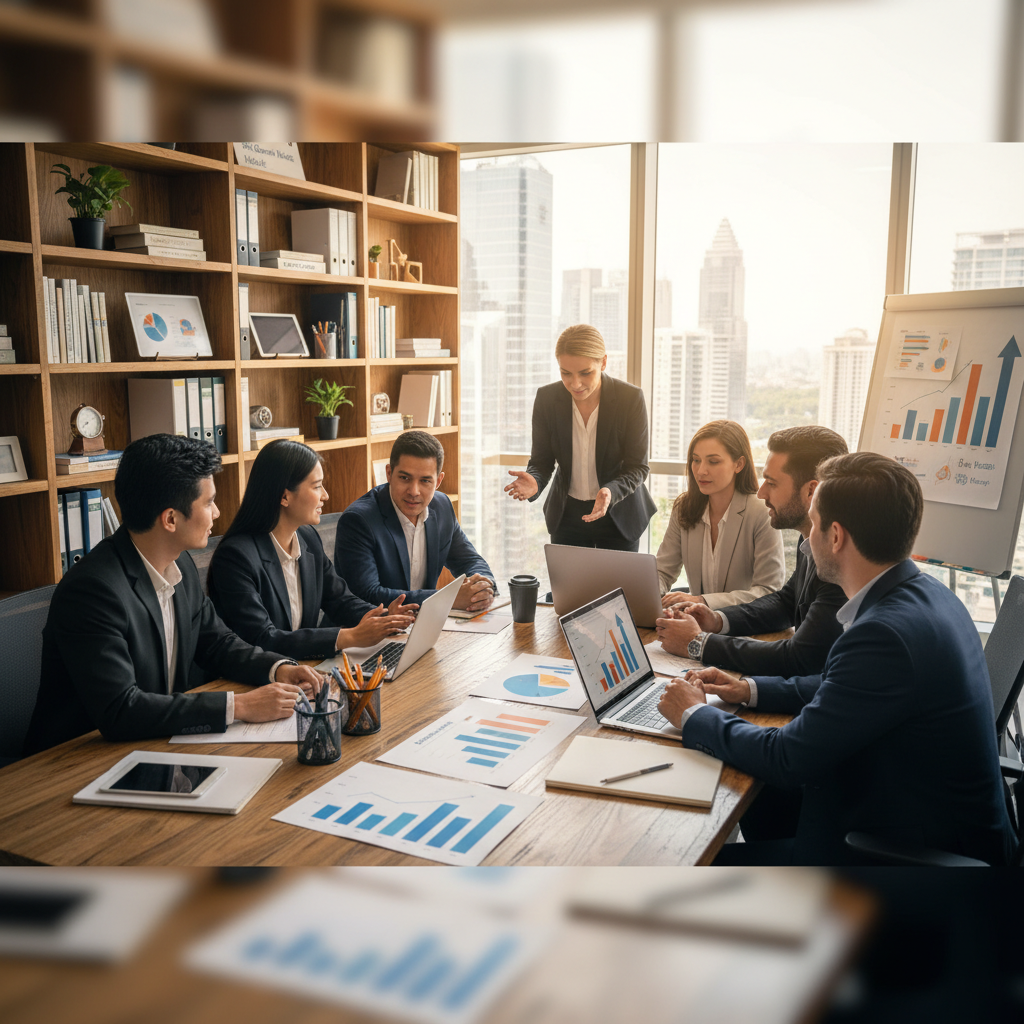 A modern office space designed for small and medium enterprises (SMEs), featuring a stylish conference table with laptops, financial reports, and charts showcasing growth and strategies. In the foreground, a diverse group of professionals in business attire collaboratively discussing ideas, embodying teamwork and innovation. The middle ground has bookshelves filled with resources, tools, and industry reports relevant to SMEs' needs. The background showcases large windows with a city skyline, natural light flooding the room, creating an inspiring atmosphere. Soft-focus edges with a warm color palette enhance a sense of productivity and opportunity, while maintaining a clean and professional look, ensuring no distractions from the main subjects.