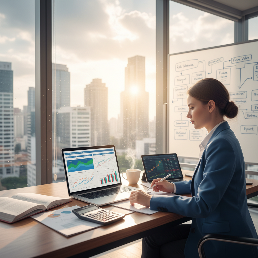 A modern office space showcasing a financial planning scene. In the foreground, a professional woman in business attire is analyzing a colorful financing table on her laptop, charting graphs with various financial metrics. Beside her, a neatly organized desk includes documents, a calculator, and a coffee cup. In the middle ground, a large window reveals a city skyline, allowing natural light to illuminate the room, creating an inspiring atmosphere. In the background, a whiteboard displays scribbled notes and financial concepts, enhancing the focus on finance management. The overall mood is one of concentration and professionalism, captured from a slight angle to highlight the active work environment. The lighting is bright and inviting, emphasizing clarity and precision in financial planning.