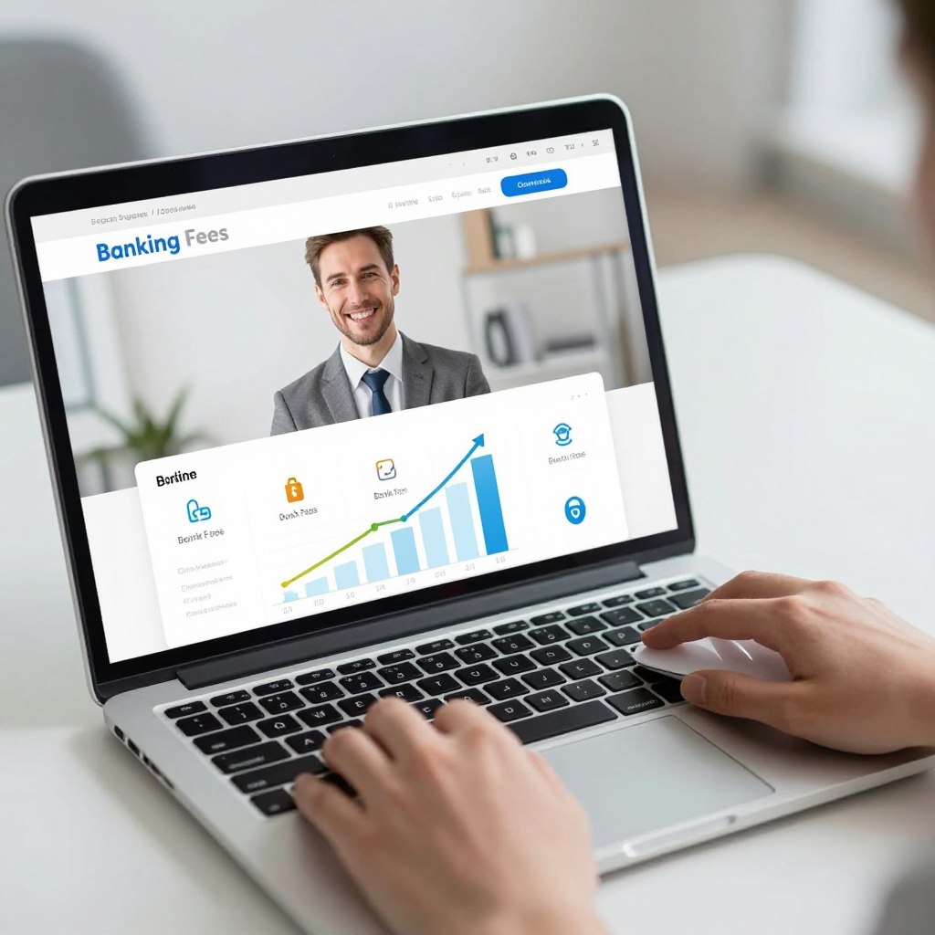 A modern online banking interface displayed on a sleek laptop, emphasizing banking fees. In the foreground, a pair of hands is shown using a mouse, clicking on a graph depicting rising bank fees, with various icons representing online transactions, subscription fees, and security costs. The middle ground includes a blurred image of a smiling professional in business attire, conveying trust and efficiency. The background features a minimalist office setting with soft, diffused lighting, creating a calm and focused atmosphere. The focus is on the interaction with technology, showcasing transparency and accessibility in online banking management, all captured from a slight overhead angle to give depth. A modern online banking interface displayed on a sleek laptop, emphasizing banking fees. In the foreground, a pair of hands is shown using a mouse, clicking on a graph depicting rising bank fees, with various icons representing online transactions, subscription fees, and security costs. The middle ground includes a blurred image of a smiling professional in business attire, conveying trust and efficiency. The background features a minimalist office setting with soft, diffused lighting, creating a calm and focused atmosphere. The focus is on the interaction with technology, showcasing transparency and accessibility in online banking management, all captured from a slight overhead angle to give depth.
