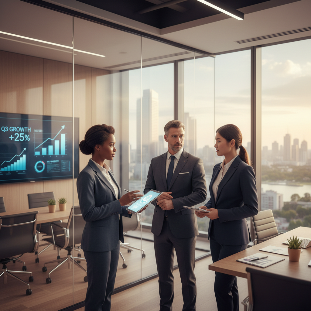 A modern, professional office environment depicting a diverse group of people in business attire engaged in a dynamic discussion about career growth and opportunities. In the foreground, a confident woman of African descent presents data on a digital tablet to her colleagues, who are listening attentively, including a middle-aged man of Caucasian descent and a young Asian woman. The middle ground features sleek glass meeting rooms with detailed charts and growth projections on the walls. The background shows large windows with natural light streaming in, providing a panoramic view of a vibrant cityscape. The scene conveys a positive and forward-looking atmosphere, highlighting teamwork and ambition, with soft, warm lighting to enhance the feeling of optimism and professionalism. A modern, professional office environment depicting a diverse group of people in business attire engaged in a dynamic discussion about career growth and opportunities. In the foreground, a confident woman of African descent presents data on a digital tablet to her colleagues, who are listening attentively, including a middle-aged man of Caucasian descent and a young Asian woman. The middle ground features sleek glass meeting rooms with detailed charts and growth projections on the walls. The background shows large windows with natural light streaming in, providing a panoramic view of a vibrant cityscape. The scene conveys a positive and forward-looking atmosphere, highlighting teamwork and ambition, with soft, warm lighting to enhance the feeling of optimism and professionalism.