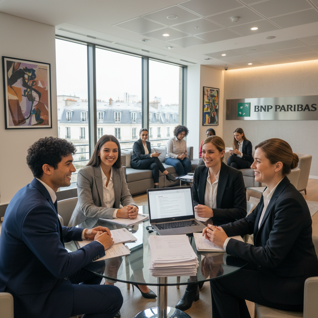 A modern, professional recruitment process at a French bank, featuring a diverse group of applicants and interviewers in a sleek, contemporary office environment. In the foreground, a well-dressed male and female candidate engage in conversation with a hiring manager at a round table, filled with resumes and a laptop. The middle ground shows additional candidates waiting in a lounge area, reflecting anticipation. In the background, large windows allow soft, natural light to fill the room, creating a bright and inviting atmosphere. The scene captures a sense of professionalism and opportunity, highlighting the importance of the application process in a prestigious banking institution. The composition is slightly tilted to bring focus to the interaction between candidates and interviewers, conveying a dynamic and engaging moment. A modern, professional recruitment process at a French bank, featuring a diverse group of applicants and interviewers in a sleek, contemporary office environment. In the foreground, a well-dressed male and female candidate engage in conversation with a hiring manager at a round table, filled with resumes and a laptop. The middle ground shows additional candidates waiting in a lounge area, reflecting anticipation. In the background, large windows allow soft, natural light to fill the room, creating a bright and inviting atmosphere. The scene captures a sense of professionalism and opportunity, highlighting the importance of the application process in a prestigious banking institution. The composition is slightly tilted to bring focus to the interaction between candidates and interviewers, conveying a dynamic and engaging moment.