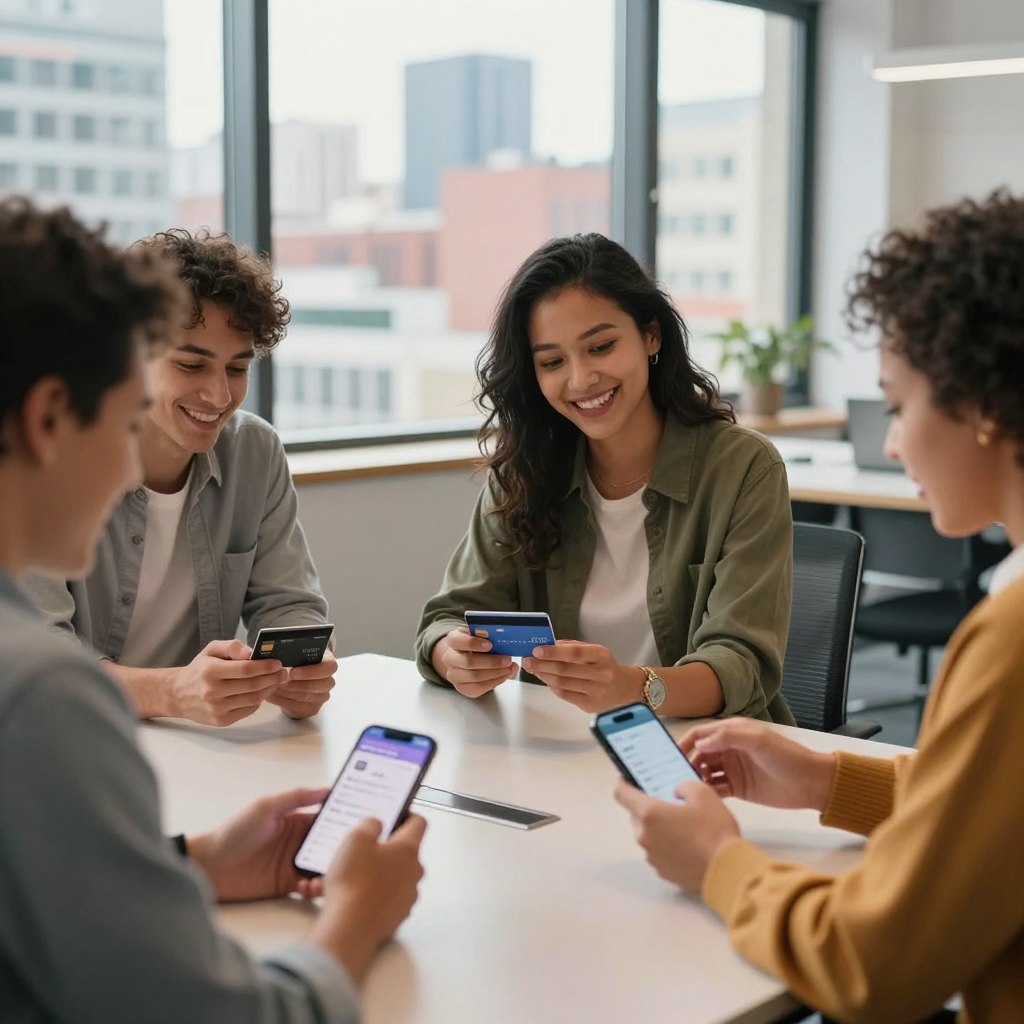 A modern, professional setting showcasing a diverse group of users engaging positively with their bunq credit cards. In the foreground, three individuals of different ethnicities, dressed in business casual attire, are seated around a sleek conference table, exchanging smiles and nods while reviewing their smartphones displaying the bunq app interface. In the middle background, a well-lit office with large windows shows a vibrant cityscape outside, hinting at a bustling atmosphere. Soft, natural lighting creates a warm, inviting vibe, enhancing the connection between the users. Use a slight depth of field to keep the focus on the group while allowing the city background to add context. The mood is collaborative and optimistic, reflecting the advantages of using the bunq card in real-life scenarios.